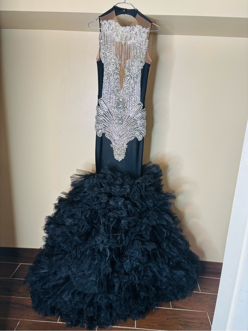 Custom Made Black Mermaid Gown With Silver Beaded Bodice
